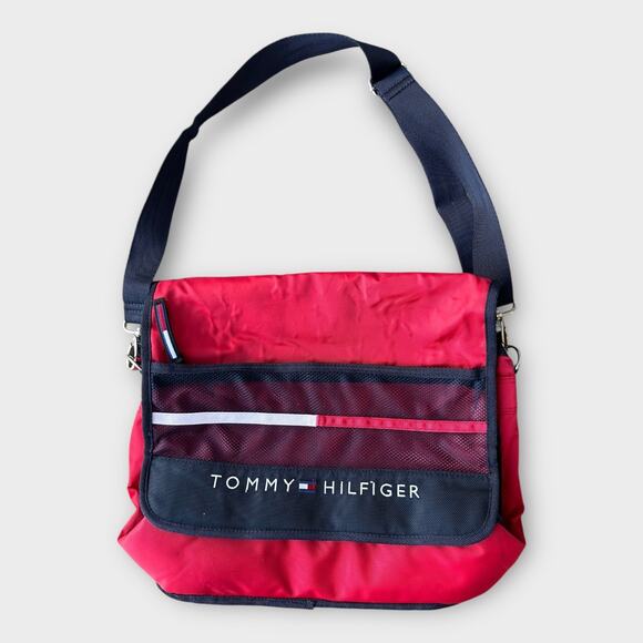 Vintage 90s Tommy Hilfiger Messenger Lap Top Bag Red Preppy Academic Grunge - Picture 1 of 13